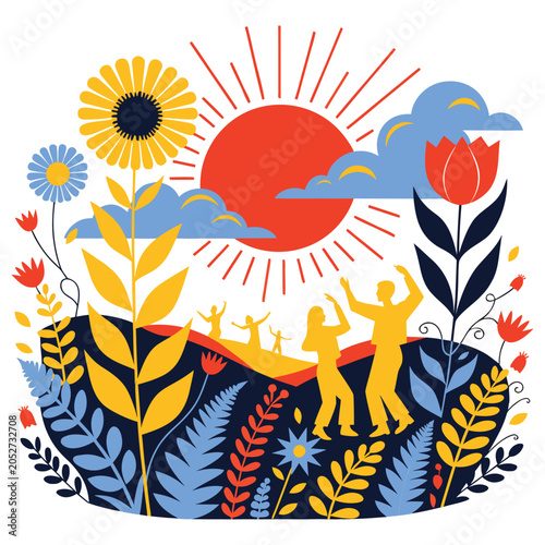 Summer Solstice Celebration Nature Festival Colorful Vector Illustration