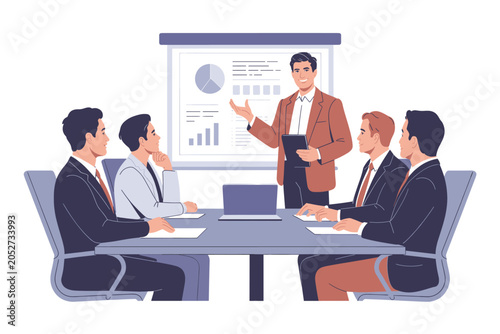 Business meeting presentation with diverse team and male speaker illustration