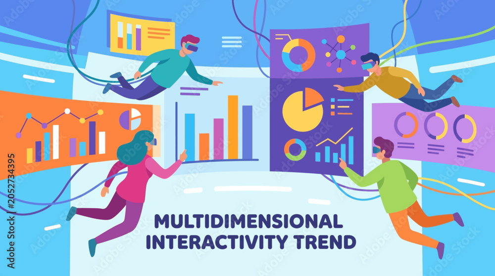 Naklejka premium Multidimensional Interactivity Trend with People Using VR for Data Analytics Vector Illustration