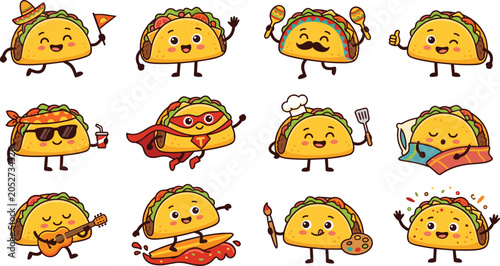 Cute Taco Cartoon Character Sticker Set with Various Fun Expressions and Activities Including Chef Musician Superhero and Surfer for Mexican Food Designs