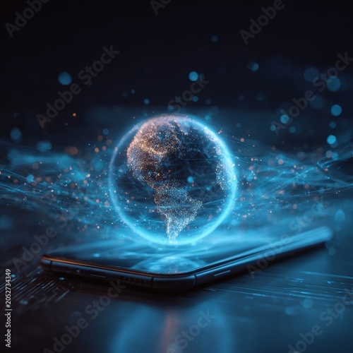 Glowing holographic earth above mobile device digital globe futuristic communication wireless technology network connection data stream blue light virtual reality smart phone innovation