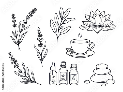Tableau sur toile Hand drawn spa and wellness elements with lavender, lotus, tea, essential oils, and stacked stones
