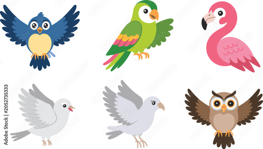 Fototapeta premium Cute Cartoon Birds Vector Set Featuring Adorable Flying Parrot, Flamingo, Owl, Bluebird, and Doves Isolated on White Background (19 words)