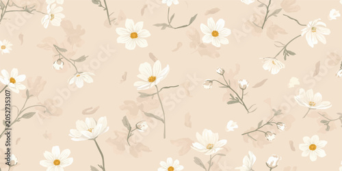 Fotografie Minimalist white cosmos flower seamless pattern background with beige backdrop