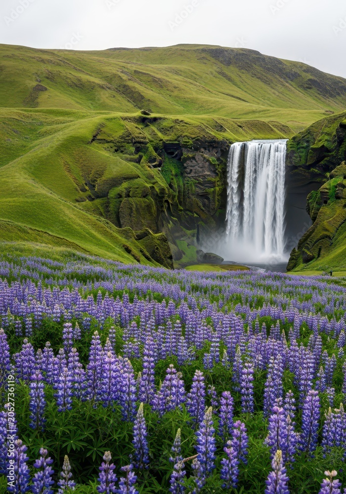 Obraz premium Stunning Skogafoss Waterfall in Iceland Surrounded by Vibrant Purple Lupine Flowers and Lush Green Hills