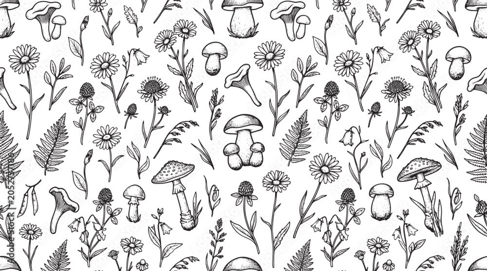 Fototapeta premium Vintage mushroom and daisy wildflower line art seamless pattern