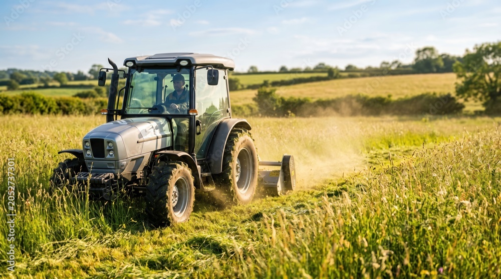Obraz premium A tractor is cutting grass in a wide field under a clear blue sky. The sun shines on the green landscape. Dust rises as the machine moves across the field