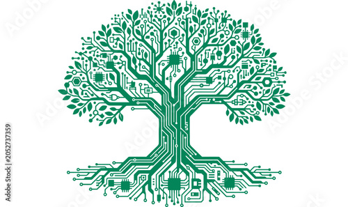 Circuit patterned tree with leaves a green vector illustration on white background
