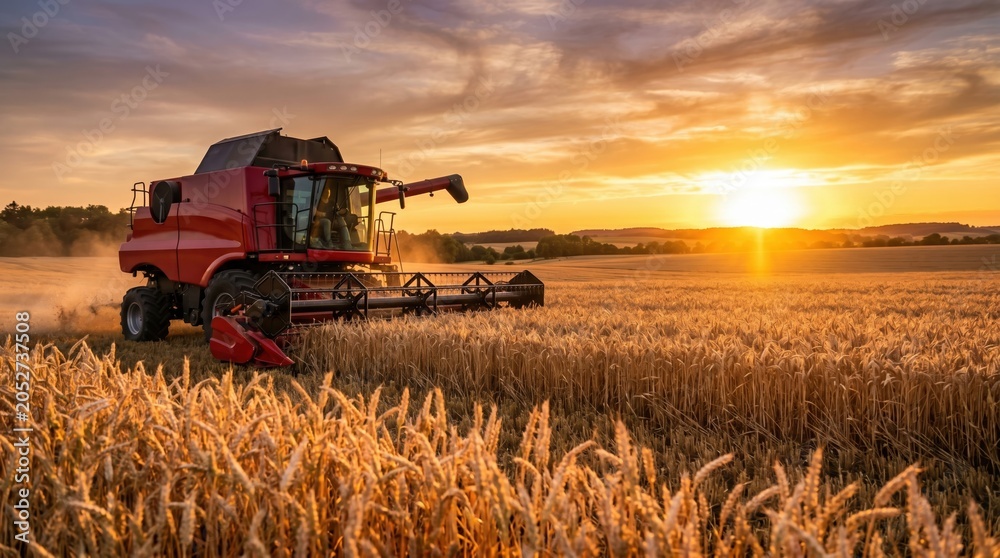 Fototapeta premium A combine harvester collects ripe wheat in a golden field as the sun sets. Dust rises and the sky turns orange, marking the end of a long day of harvest in the countryside