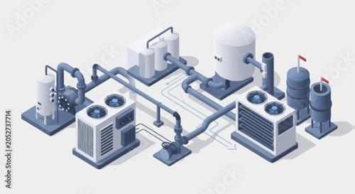 Industrial HVAC system with pipes and cooling units.