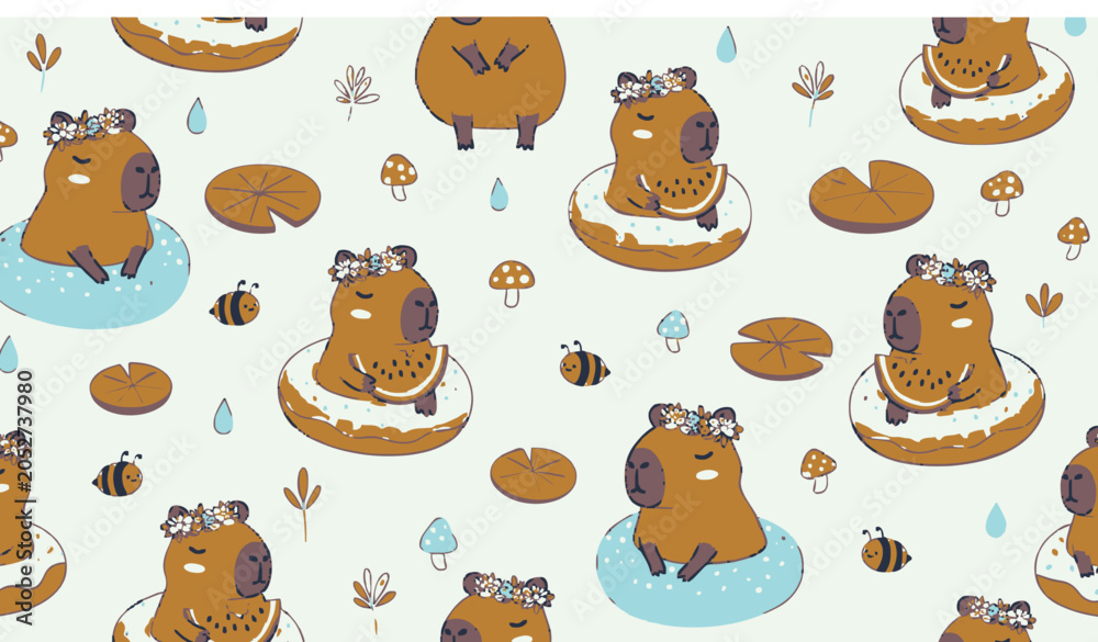 Fototapeta premium Adorable Capybara Repeating Pattern Vector Illustration