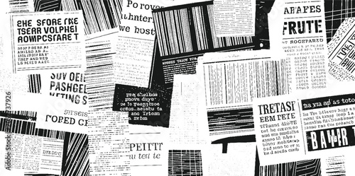 Foto Collage of black and white newspaper clippings with varying text and line patter