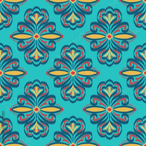 Vintage Ikat Floral Seamless Pattern with Ornamental Folk Motifs and Ethnic Textile Design