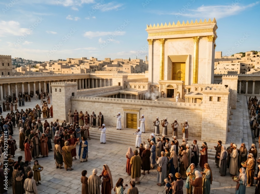 Fototapeta premium Second Temple in Jerusalem with people gathering in courtyard