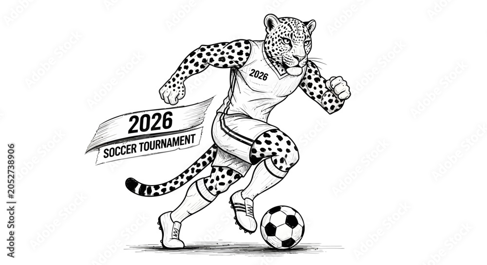 Obraz premium Leopard Mascot Playing Soccer for 2026 Soccer Tournament.