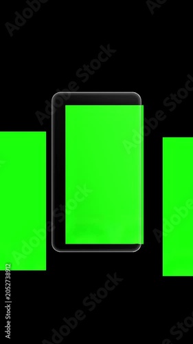 Mobile phone mockups with green screen chroma key placeholders on black background
