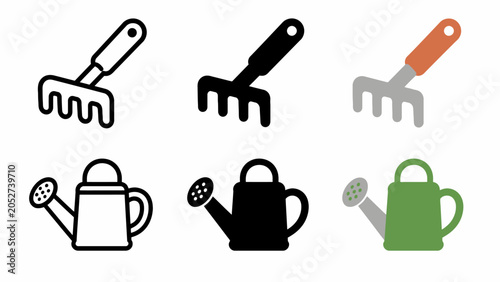 Garden tool icons: rake and watering can in various styles and colors