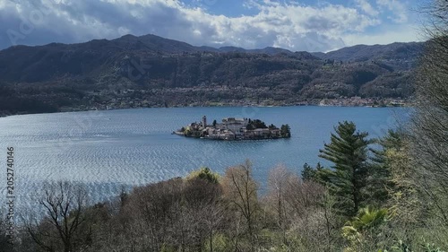 San Giulio isle aerial view, Orta Lake, Piedmont, Italy