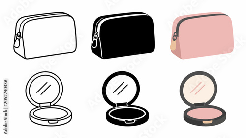 Cosmetic bags and makeup compacts: simple icon set in monochrome and color