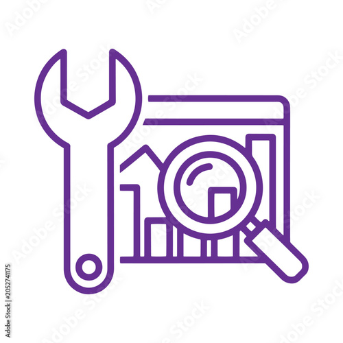 A purple line featuring a wrench and a magnifying glass over a bar chart, representing technical analysis, data repair, or optimization