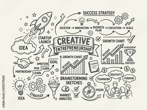 Creative Entrepreneurship Doodle Sketch with Business Strategy and Growth Chart.