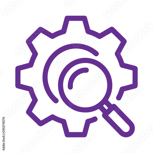 A purple line showing a mechanical gear cog and a magnifying glass, representing technical inspection, process analysis, or engineering