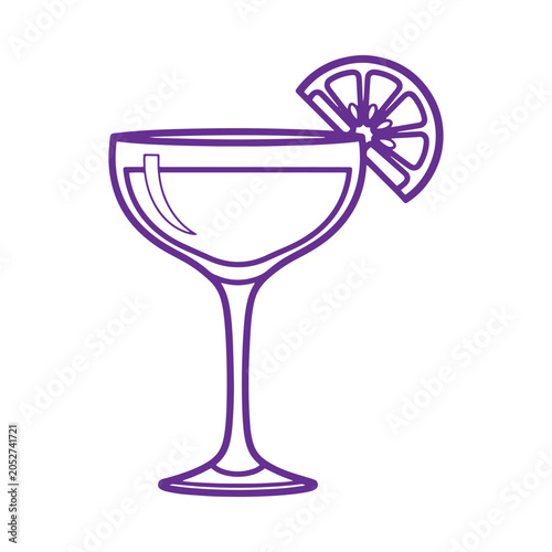 Purple line of a cocktail glass with a citrus fruit slice garnish, isolated on a white background, flat style