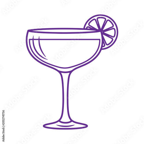 Purple line of a cocktail glass with a citrus fruit slice garnish, isolated on a white background, flat style