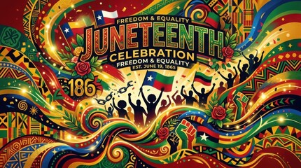 Vibrant Juneteenth Celebration with Colorful Patterns and Silhouettes