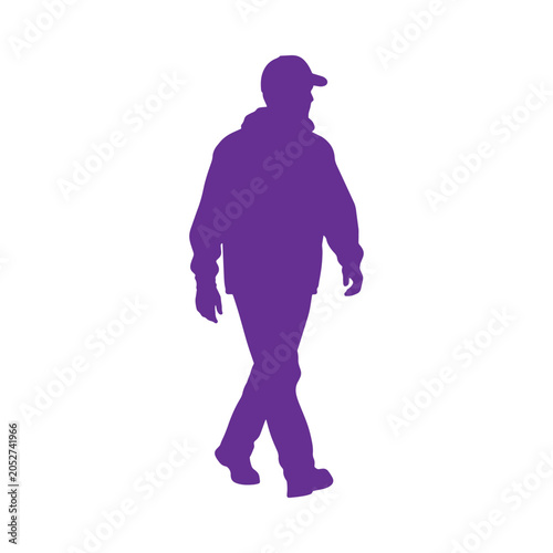 Purple silhouette of a man wearing a baseball cap and jacket walking, isolated on a white background, flat