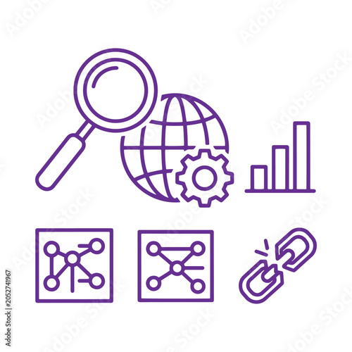 Purple line representing business analysis, global networking, and broken link, isolated on a white background, set