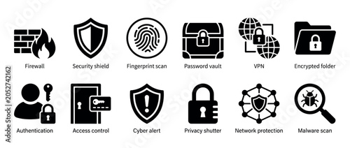 Set of black cybersecurity glyph icons representing firewall, vpn, authentication, and network protection concepts for digital safety and data privacy in a clean, minimalist style