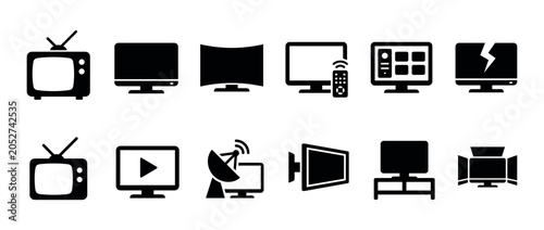 Collection of black television and computer monitor silhouette icons representing different eras and functions, including retro, smart, curved, and broken screens