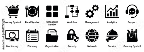 Set of black solid glyph icons for business and e-commerce, illustrating concepts such as workflow, analytics, management, security, customer support, and online grocery shopping