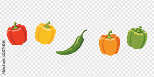 Tableau sur toile vector illustration of a set of vegetables, Colorful bell peppers and green chil