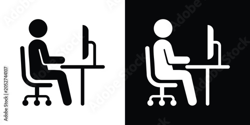 Bilde på lerret Office worker sitting at a desk using a desktop computer monitor, black and white workspace icon set
