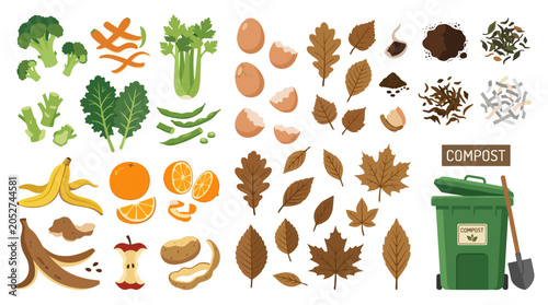 Set of organic waste for composting, including vegetable scraps, fruit peels, eggshells, dry leaves, and garden debris