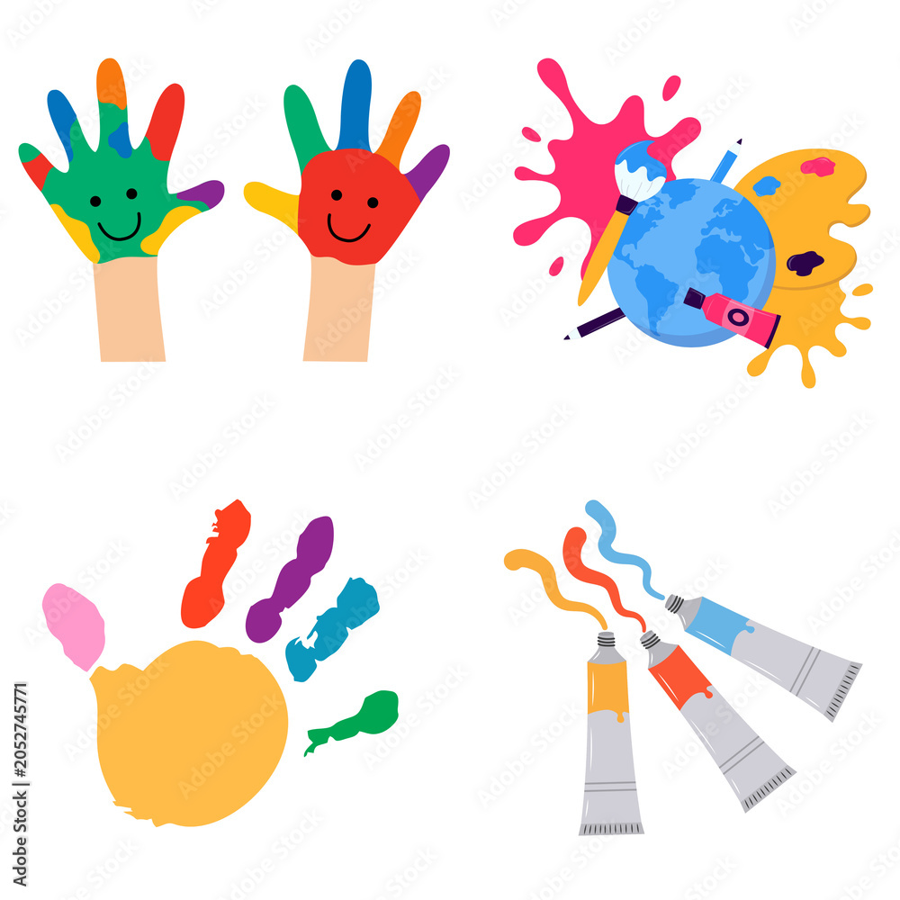 Fototapeta premium Colorful children handprints art palette and creative paint splatters set