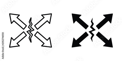 Bild auf Leinwand Four Arrows Expanding From Center Split With Jagged Line Symbolizing Conflict