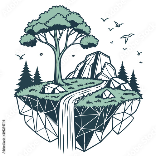 Foto Floating island with waterfall and tree digital illustration floating waterfall