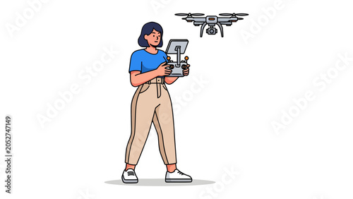 фотографія Drone Operation: A woman stands holding a controller and tablet, piloting a drone in flight