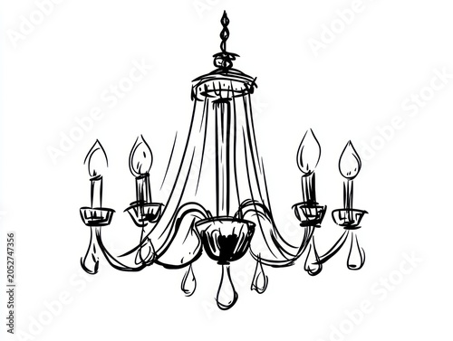 Black and white line drawing of a chandelier with six candle-like light sources