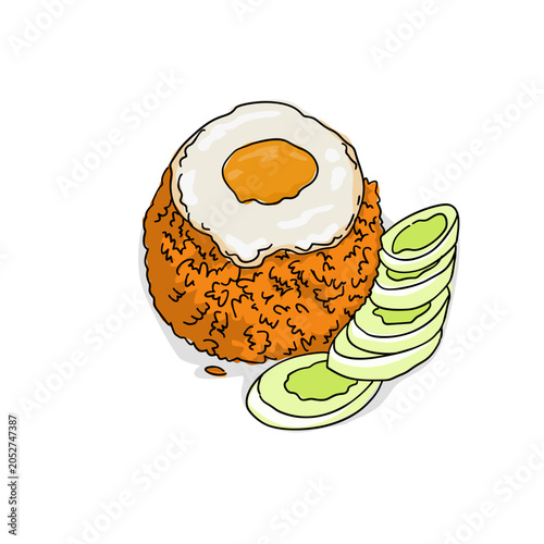 Fried rice and fried egg with sliced cucumber menu for breakfast issolated White