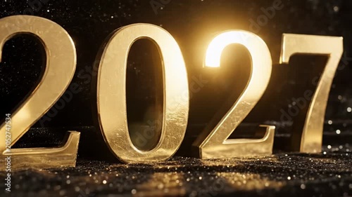 Golden 2027 numerals on sparkling black background, festive bokeh and glitter texture, luxury new year celebration concept for countdown and holiday marketing