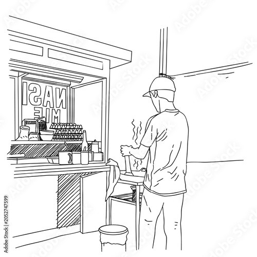 the man cooking delicious fried rice vendor with his wooden cart. Line art drawing