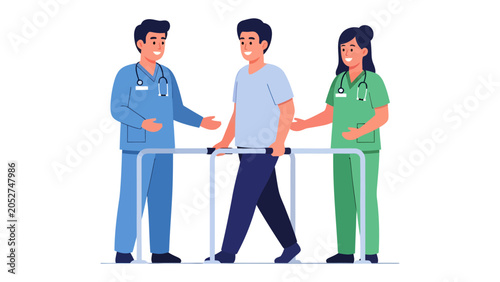 Foto Physical Therapy Support: A male patient practices walking with a walker, assisted by two healthcare professionals, a doctor and a nurse, showcasing recovery and dedicated care