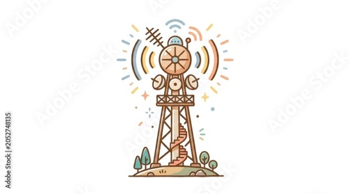 Illustration of a communication tower with signal waves and antennas