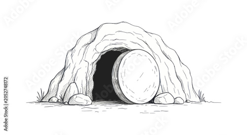 Quadro su tela Empty tomb with rolled away stone, symbolizing resurrection and new life