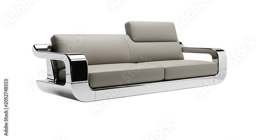 Modern luxury sofa with chrome metal frame and beige fabric cushions isolated on white background.