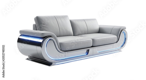 Modern grey leather sofa with integrated blue LED lighting on a white background.